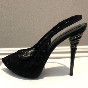 Guess by Marciano black lace slingback heels.